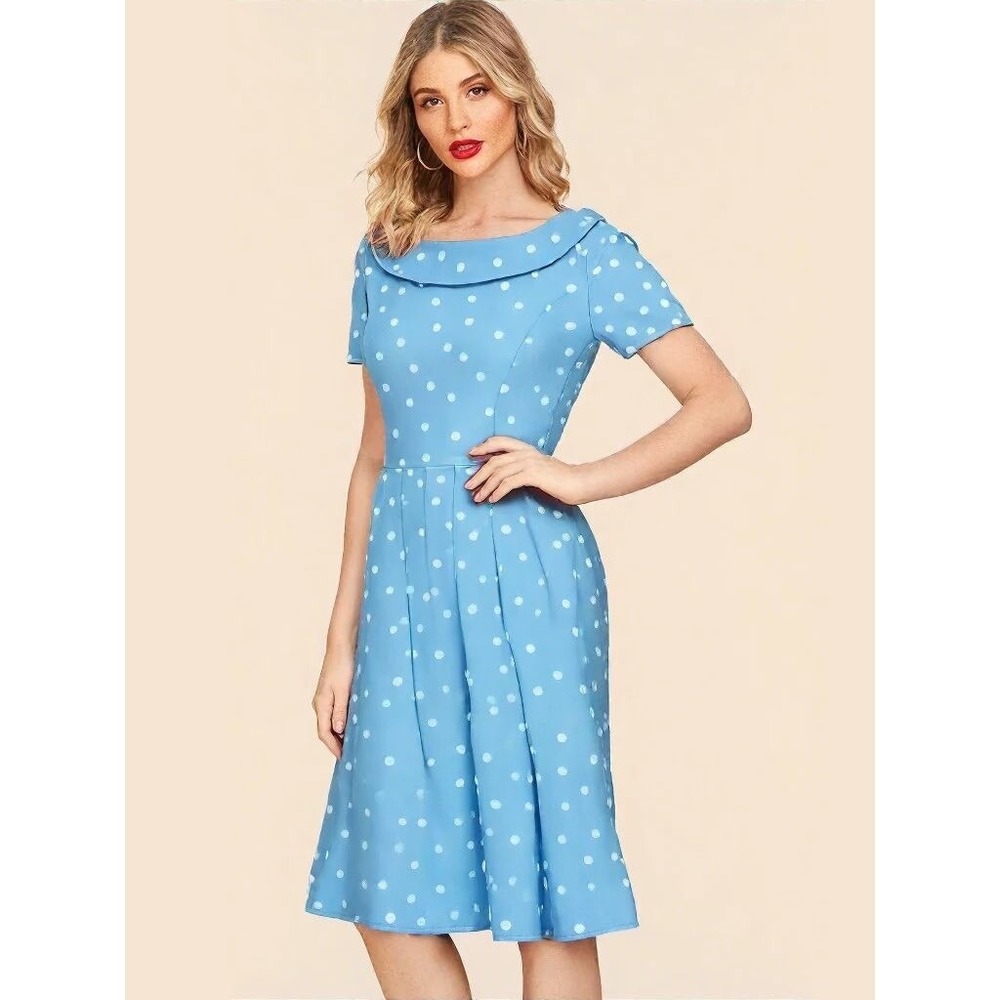 GownTown Women's XXL Polka Dot Peter Pan Collar VTG Retro Style Midi Dress Black